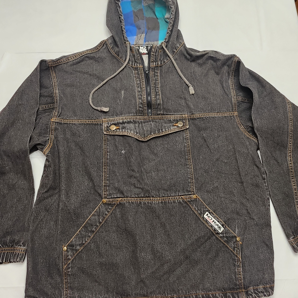 Vintage Denim Hooded Bomber Jacket - Black Pullover Mens Large